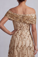 Load image into Gallery viewer, Sparkly Floral Champagne A-Line Beaded Long Mother of the Bride Dress