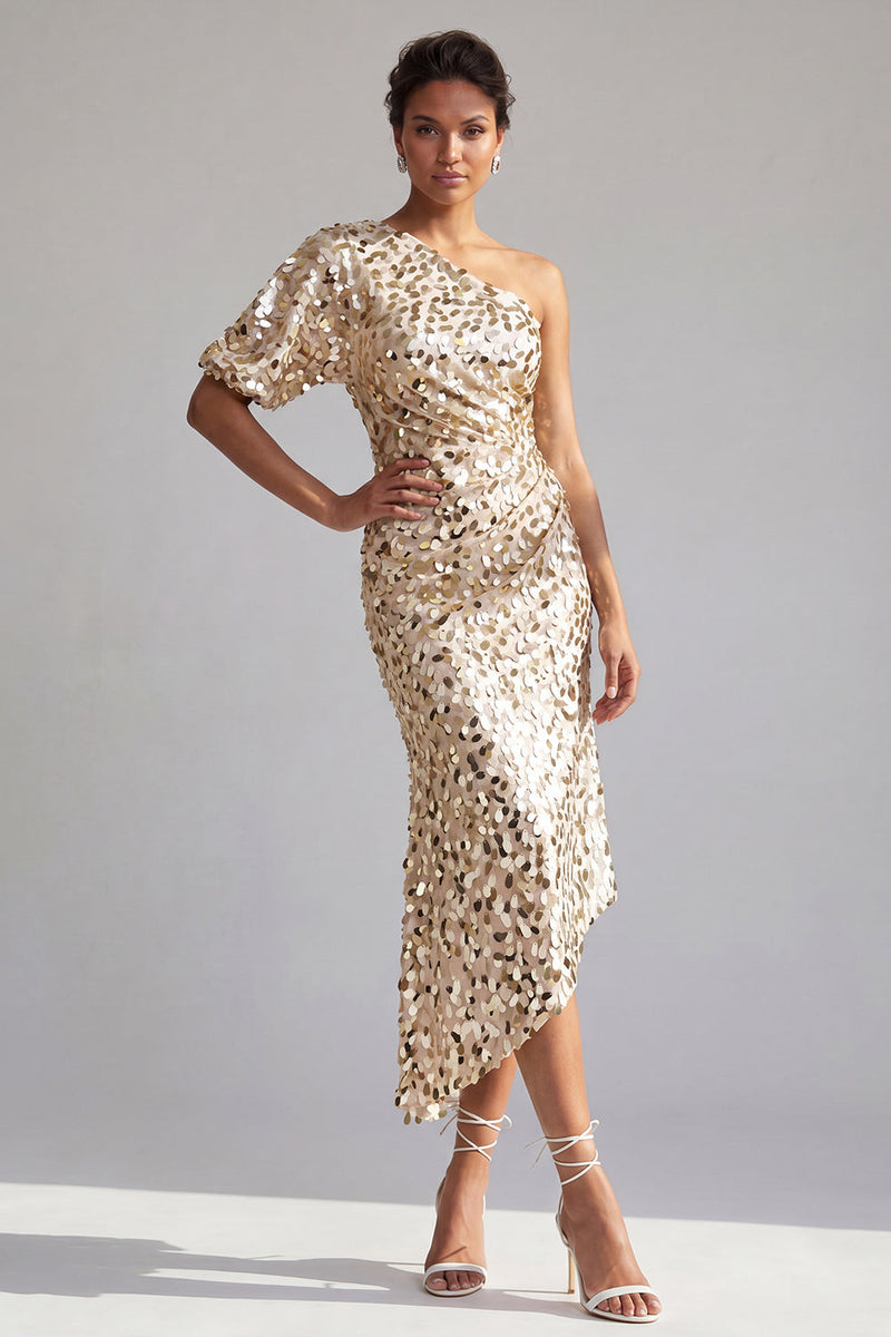 Load image into Gallery viewer, Sparkly Champagne Mermaid Sequin Asymmetrical Mother of the Bride Dress with Sleeve