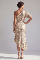 Load image into Gallery viewer, Sparkly Champagne Mermaid Sequin Asymmetrical Mother of the Bride Dress with Sleeve
