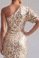 Load image into Gallery viewer, Sparkly Champagne Mermaid Sequin Asymmetrical Mother of the Bride Dress with Sleeve