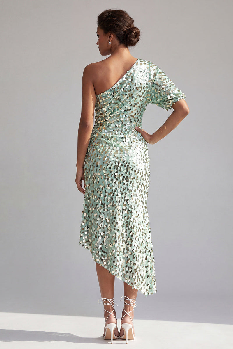 Load image into Gallery viewer, Sparkly Champagne Mermaid Sequin Asymmetrical Mother of the Bride Dress with Sleeve