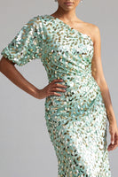 Load image into Gallery viewer, Sparkly Champagne Mermaid Sequin Asymmetrical Mother of the Bride Dress with Sleeve