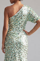 Load image into Gallery viewer, Sparkly Champagne Mermaid Sequin Asymmetrical Mother of the Bride Dress with Sleeve