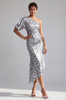 Load image into Gallery viewer, Sparkly Champagne Mermaid Sequin Asymmetrical Mother of the Bride Dress with Sleeve