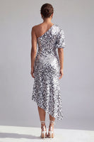 Load image into Gallery viewer, Sparkly Champagne Mermaid Sequin Asymmetrical Mother of the Bride Dress with Sleeve