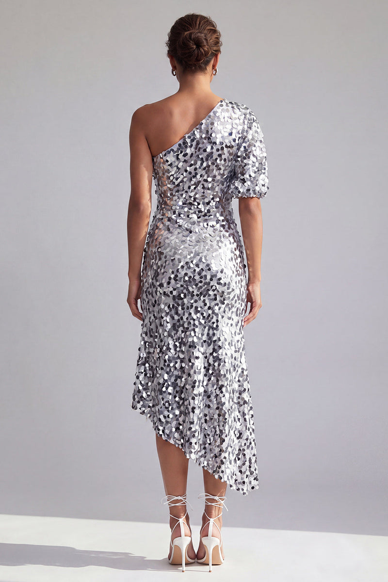 Load image into Gallery viewer, Sparkly Champagne Mermaid Sequin Asymmetrical Mother of the Bride Dress with Sleeve