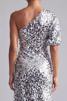 Load image into Gallery viewer, Sparkly Champagne Mermaid Sequin Asymmetrical Mother of the Bride Dress with Sleeve