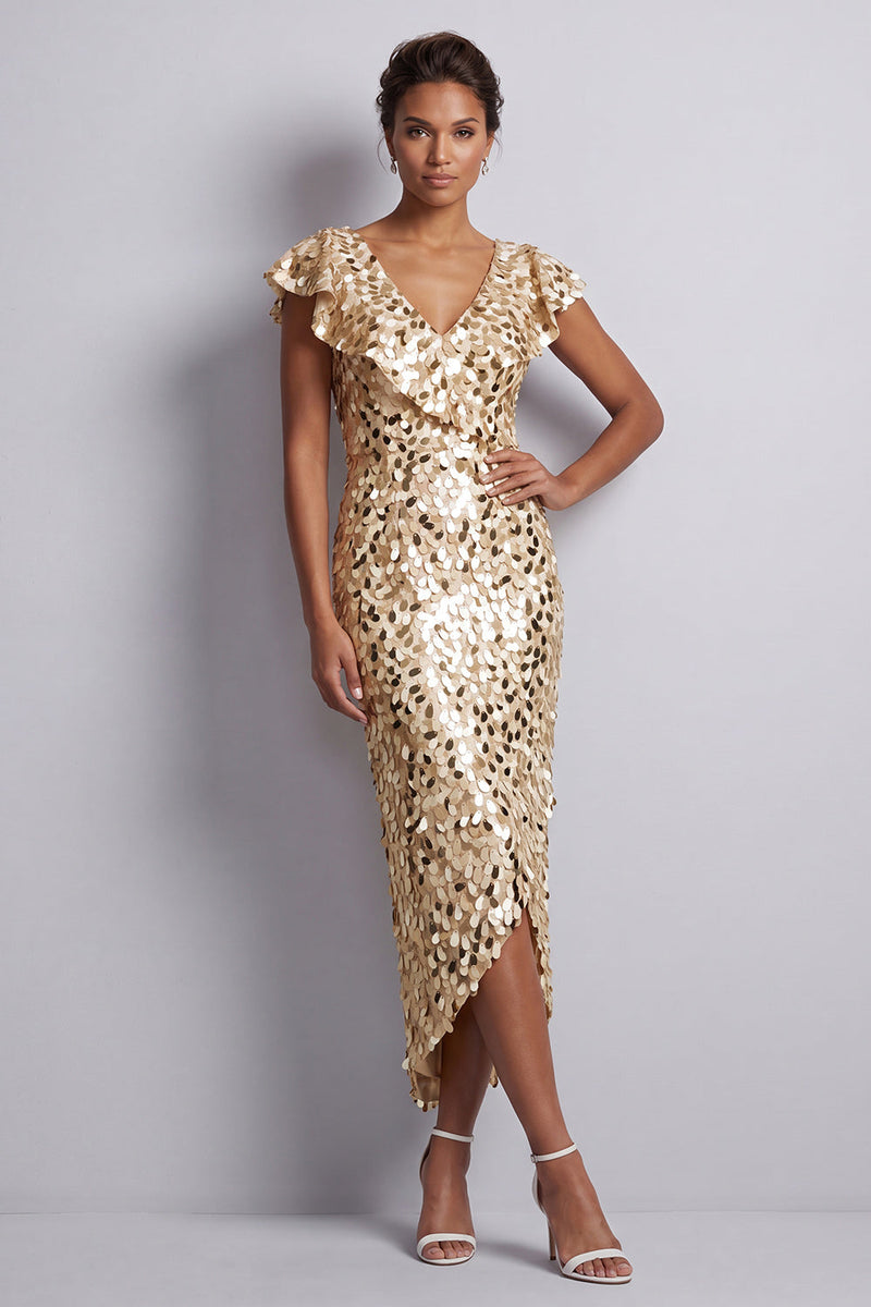 Load image into Gallery viewer, Sparkly Sequin Silver Sheath High-Low Mother of the Bride Dress with Ruffles