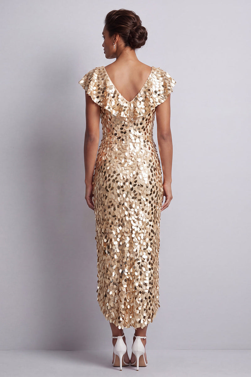 Load image into Gallery viewer, Sparkly Sequin Silver Sheath High-Low Mother of the Bride Dress with Ruffles
