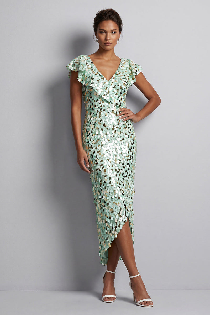 Load image into Gallery viewer, Sparkly Sequin Silver Sheath High-Low Mother of the Bride Dress with Ruffles