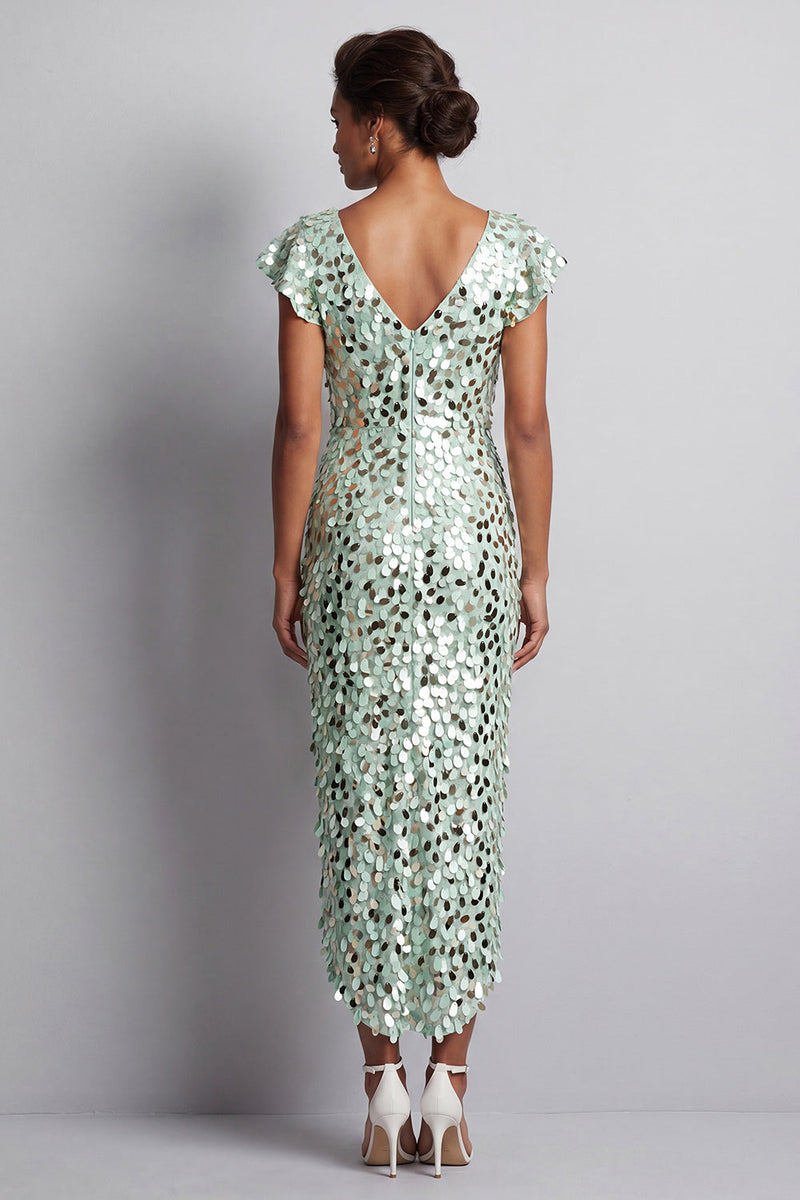 Load image into Gallery viewer, Sparkly Sequin Silver Sheath High-Low Mother of the Bride Dress with Ruffles