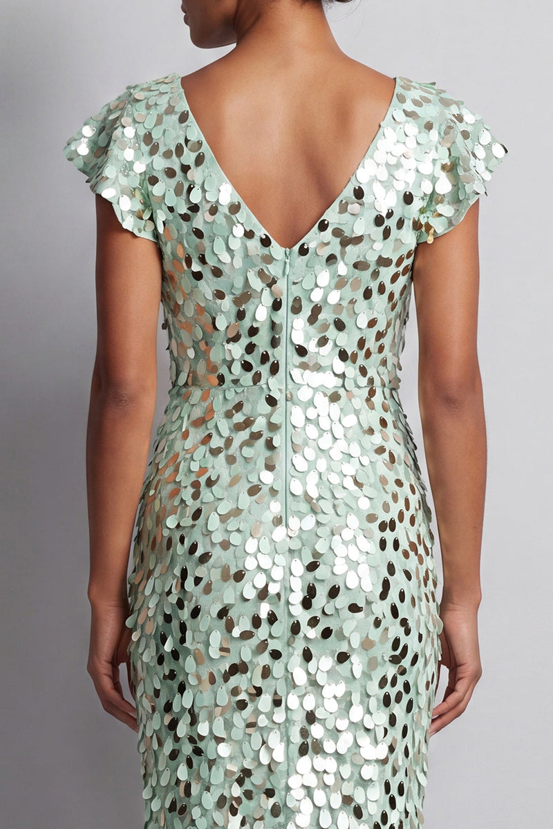 Load image into Gallery viewer, Sparkly Sequin Silver Sheath High-Low Mother of the Bride Dress with Ruffles