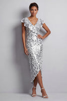 Load image into Gallery viewer, Sparkly Sequin Silver Sheath High-Low Mother of the Bride Dress with Ruffles