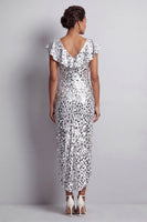 Load image into Gallery viewer, Sparkly Sequin Silver Sheath High-Low Mother of the Bride Dress with Ruffles