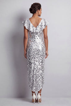 Sparkly Sequin Silver Sheath High-Low Mother of the Bride Dress with Ruffles