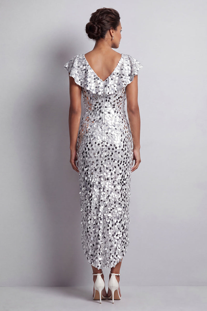 Load image into Gallery viewer, Sparkly Sequin Silver Sheath High-Low Mother of the Bride Dress with Ruffles