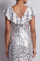 Load image into Gallery viewer, Sparkly Sequin Silver Sheath High-Low Mother of the Bride Dress with Ruffles