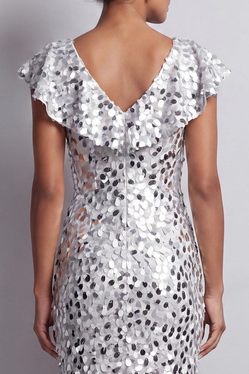 Load image into Gallery viewer, Sparkly Sequin Silver Sheath High-Low Mother of the Bride Dress with Ruffles