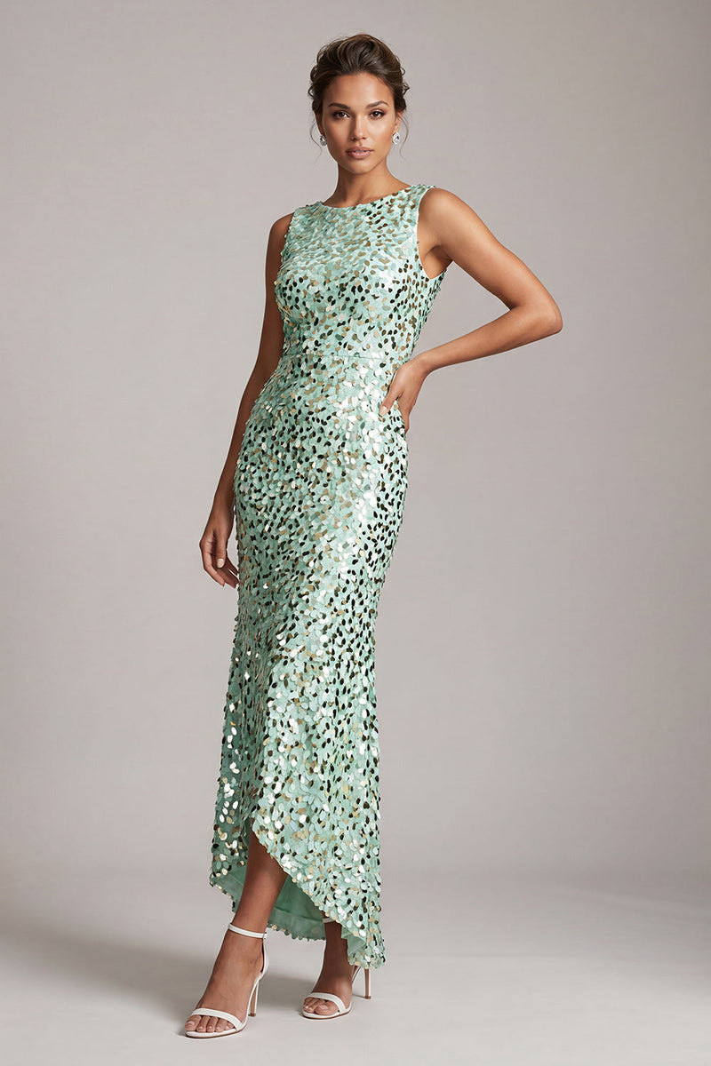 Load image into Gallery viewer, Sparkly Silver Sequin Boat Neck Long Mother of the Bride Dress