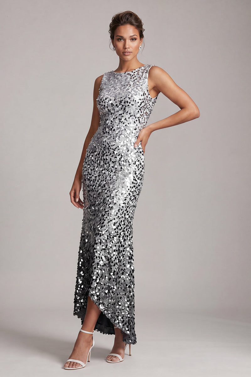 Load image into Gallery viewer, Sparkly Silver Sequin Boat Neck Long Mother of the Bride Dress