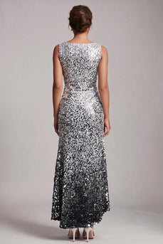 Sparkly Silver Sequin Boat Neck Long Mother of the Bride Dress