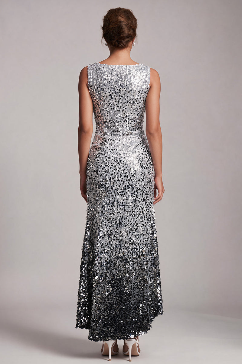 Load image into Gallery viewer, Sparkly Silver Sequin Boat Neck Long Mother of the Bride Dress