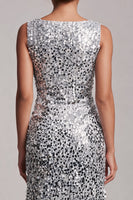 Load image into Gallery viewer, Sparkly Silver Sequin Boat Neck Long Mother of the Bride Dress