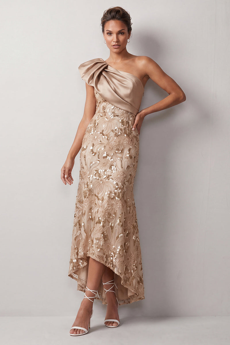 Load image into Gallery viewer, Floral Sparkly Champagne Sequin One Shoulder High-Low Mother of the Bride Dress