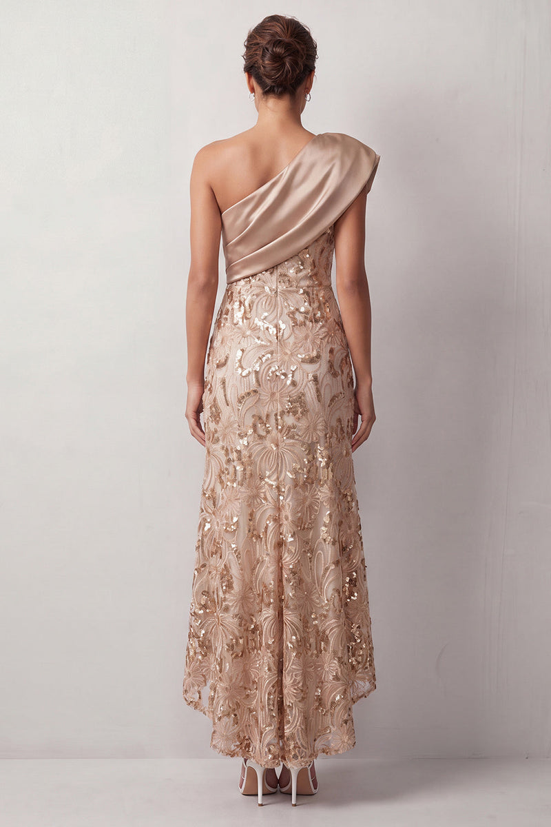 Load image into Gallery viewer, Floral Sparkly Champagne Sequin One Shoulder High-Low Mother of the Bride Dress