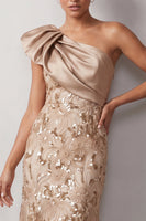 Load image into Gallery viewer, Floral Sparkly Champagne Sequin One Shoulder High-Low Mother of the Bride Dress