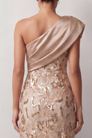 Load image into Gallery viewer, Floral Sparkly Champagne Sequin One Shoulder High-Low Mother of the Bride Dress