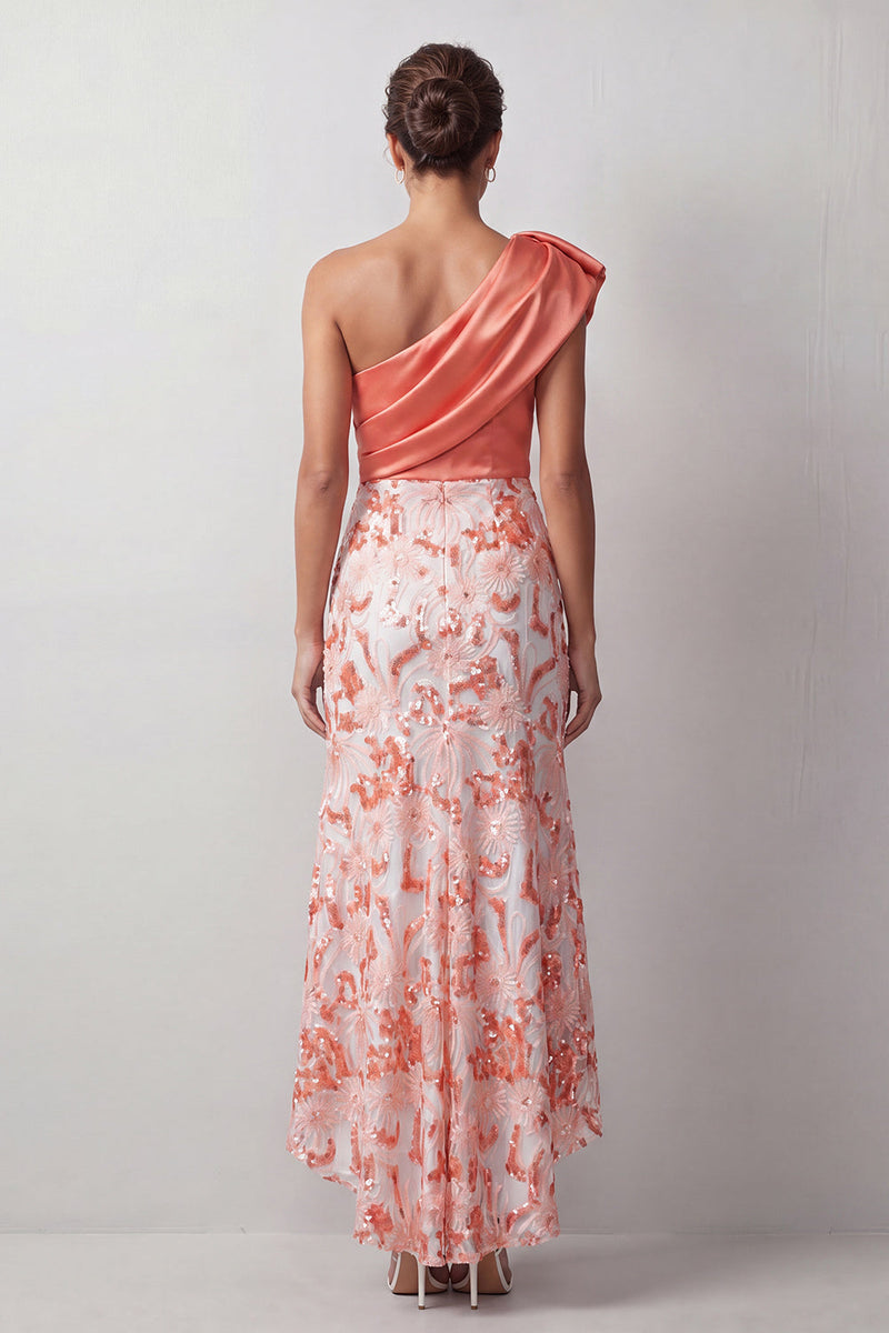 Load image into Gallery viewer, Floral Sparkly Champagne Sequin One Shoulder High-Low Mother of the Bride Dress