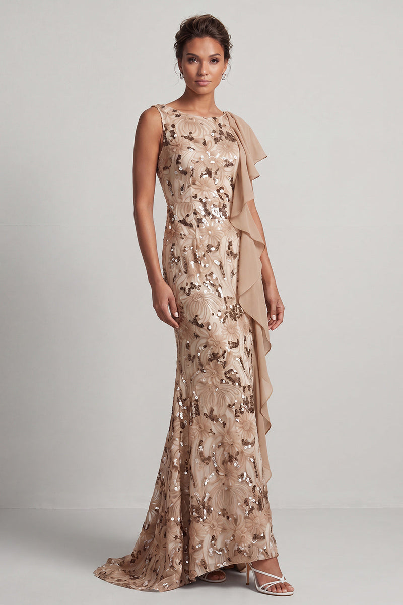 Load image into Gallery viewer, Sparkly Floral Champagne Sequin Ruffled Mermaid Long Mother of the Bride Dress