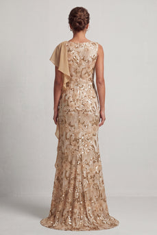 Sparkly Floral Champagne Sequin Ruffled Mermaid Long Mother of the Bride Dress