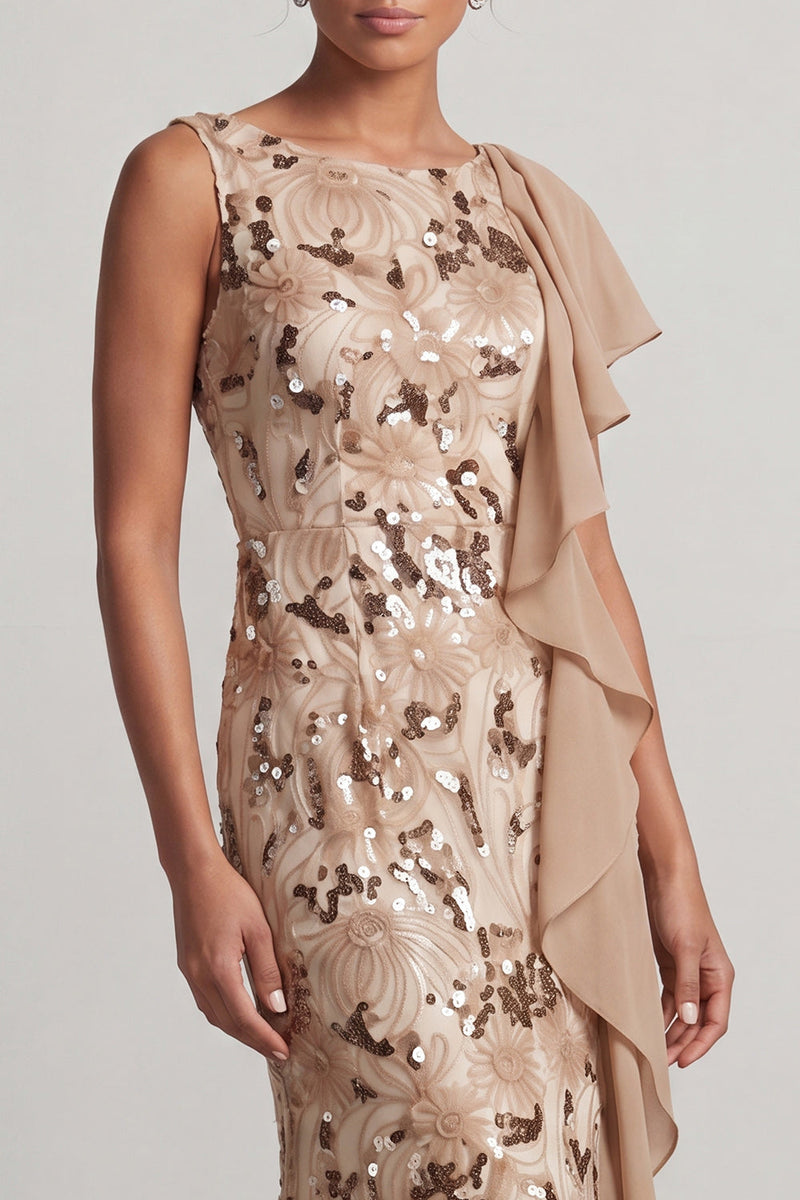 Load image into Gallery viewer, Sparkly Floral Champagne Sequin Ruffled Mermaid Long Mother of the Bride Dress