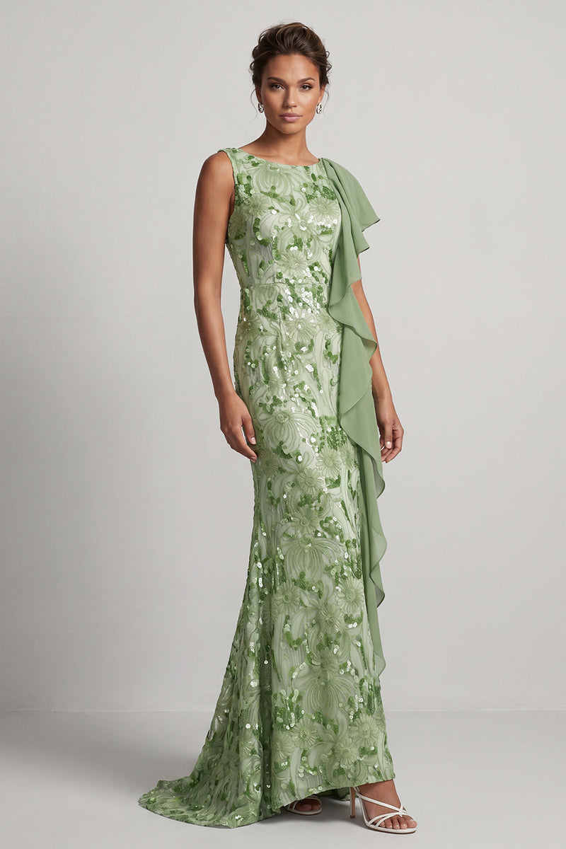 Load image into Gallery viewer, Sparkly Floral Champagne Sequin Ruffled Mermaid Long Mother of the Bride Dress