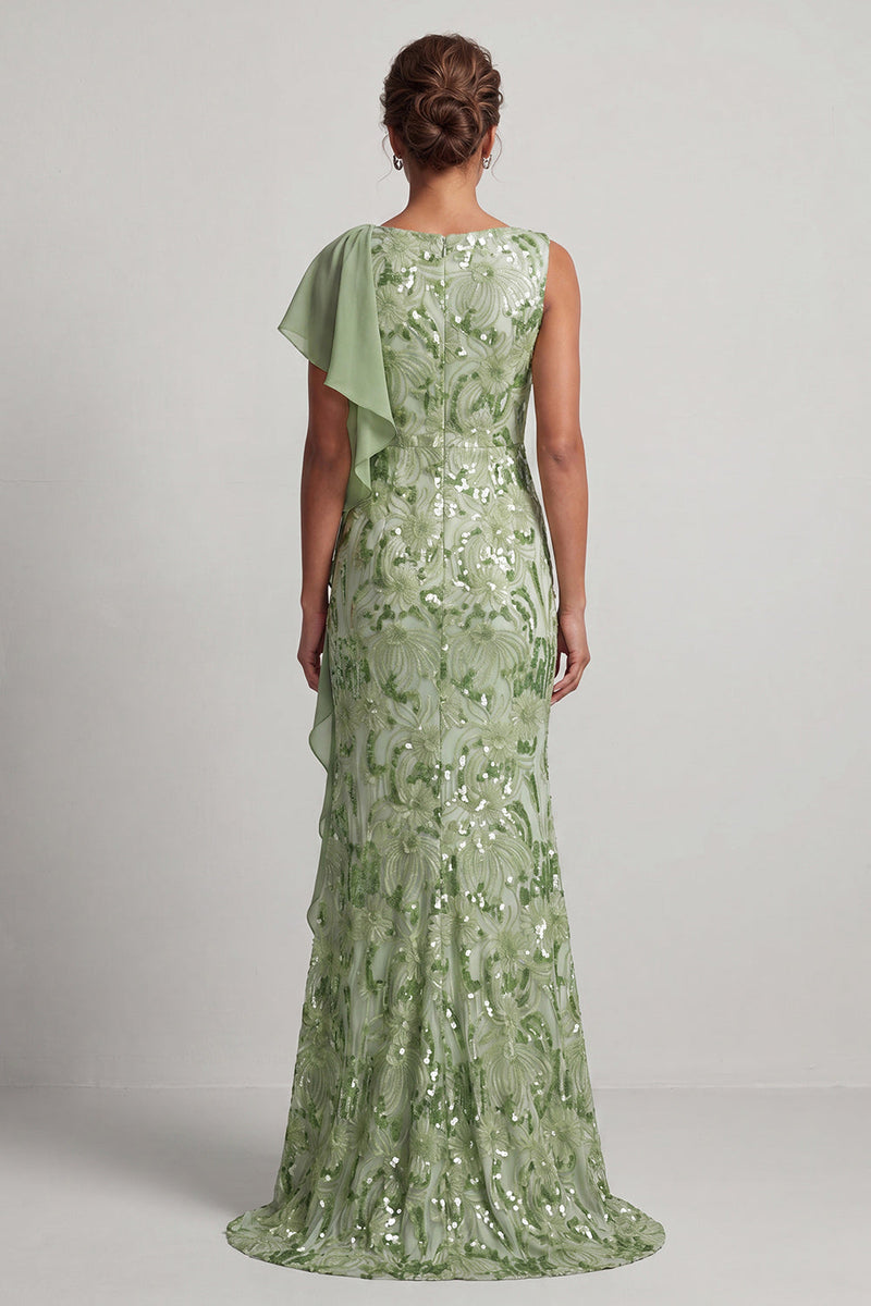 Load image into Gallery viewer, Sparkly Floral Champagne Sequin Ruffled Mermaid Long Mother of the Bride Dress