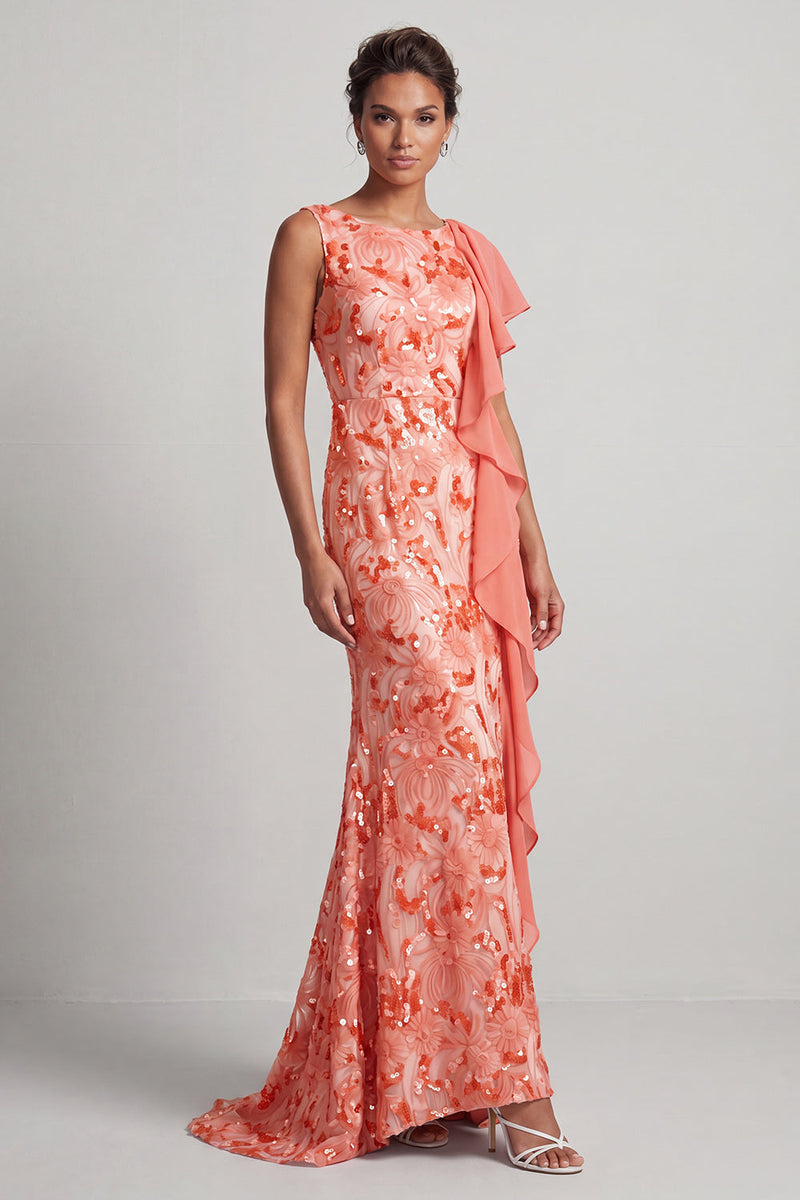 Load image into Gallery viewer, Sparkly Floral Champagne Sequin Ruffled Mermaid Long Mother of the Bride Dress
