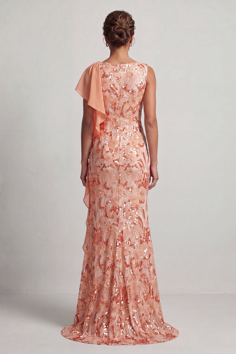 Load image into Gallery viewer, Sparkly Floral Champagne Sequin Ruffled Mermaid Long Mother of the Bride Dress