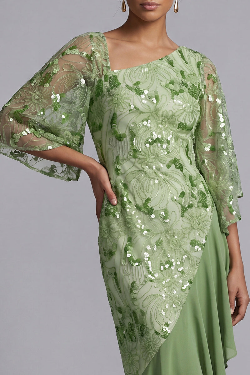 Load image into Gallery viewer, Sparkly Sequin Floral Green Mermaid Asymmetrical Mother of the Bride Dress