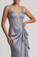 Load image into Gallery viewer, Sparkly Grey Blue Mermaid Ruffled Long Corset Mother of the Bride Dress
