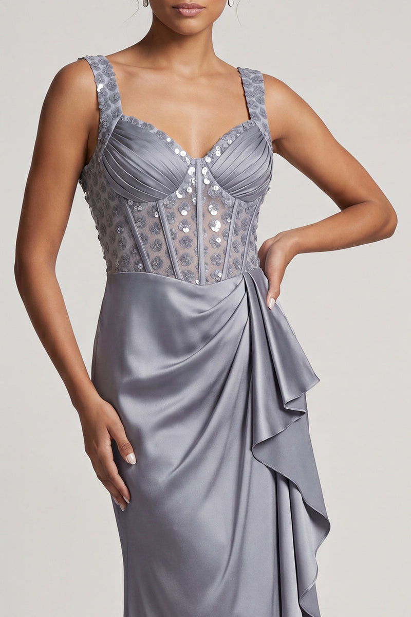 Load image into Gallery viewer, Sparkly Grey Blue Mermaid Ruffled Long Corset Mother of the Bride Dress