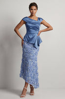 Load image into Gallery viewer, Floral Blue Ruched Beaded Mermaid Long Mother of the Bride Dress