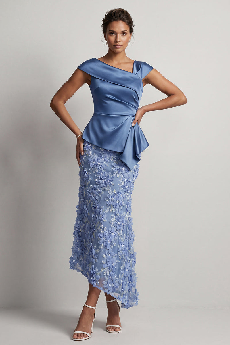 Load image into Gallery viewer, Floral Blue Ruched Beaded Mermaid Long Mother of the Bride Dress