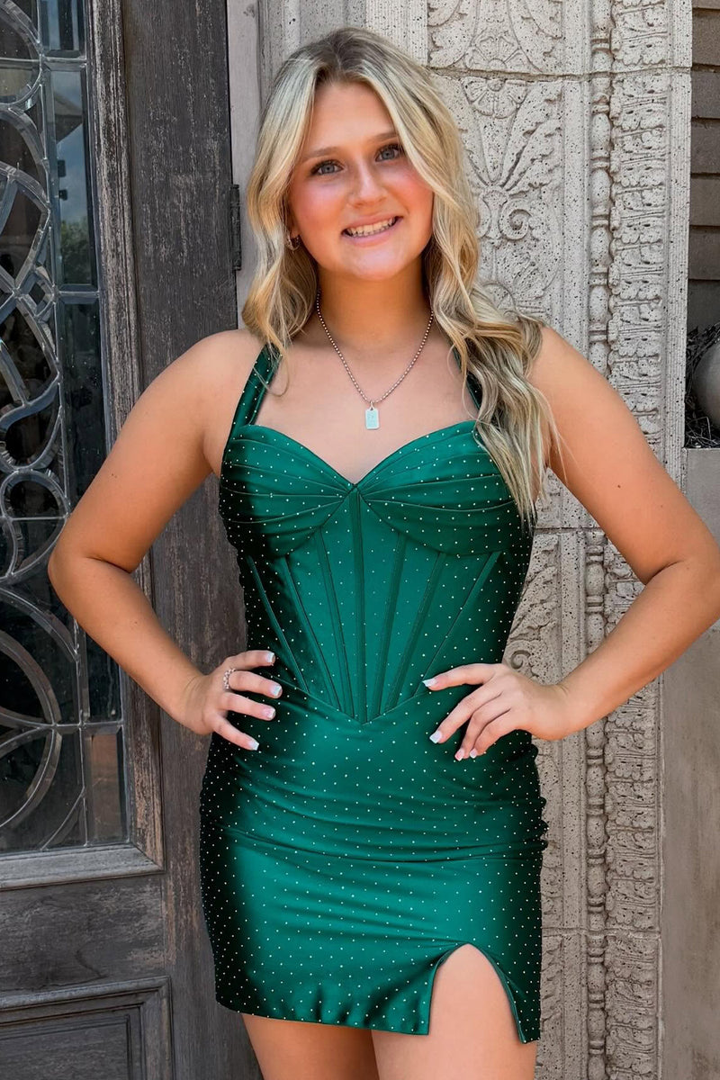 Load image into Gallery viewer, Dark Green Corset Bodycon Halter Short Homecoming Dress with Beading