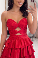 Load image into Gallery viewer, Dark Red Cut Out Strapless Tiered Short Homecoming Dress