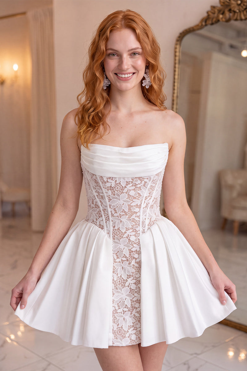 Load image into Gallery viewer, White Corset Strapless Short Homecoming Dress with Lace