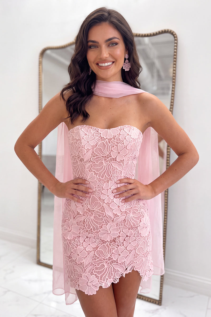 Load image into Gallery viewer, Pink Tight Strapless Neck Scarf Lace Short Homecoming Dress