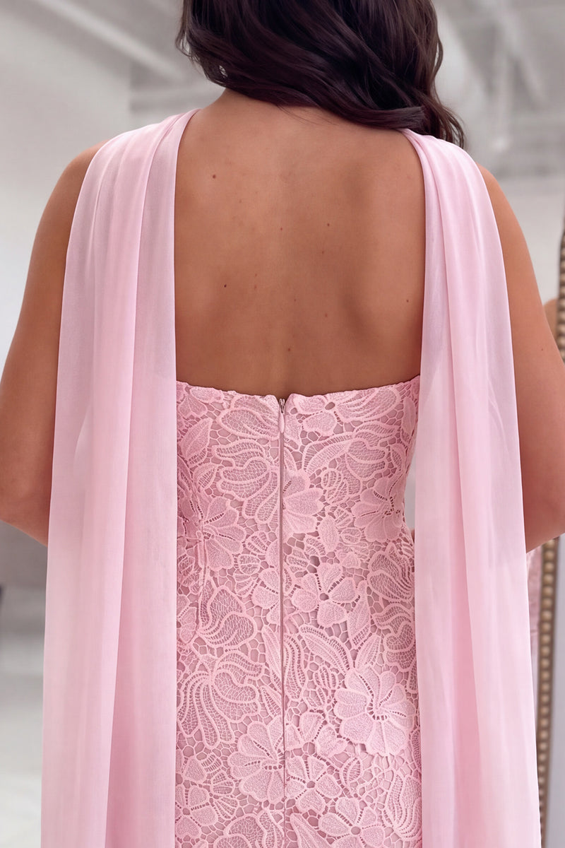 Load image into Gallery viewer, Pink Tight Strapless Neck Scarf Lace Short Homecoming Dress
