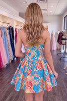 Load image into Gallery viewer, Blue Floral Strapless A-Line Short Homecoming Dress with Bow